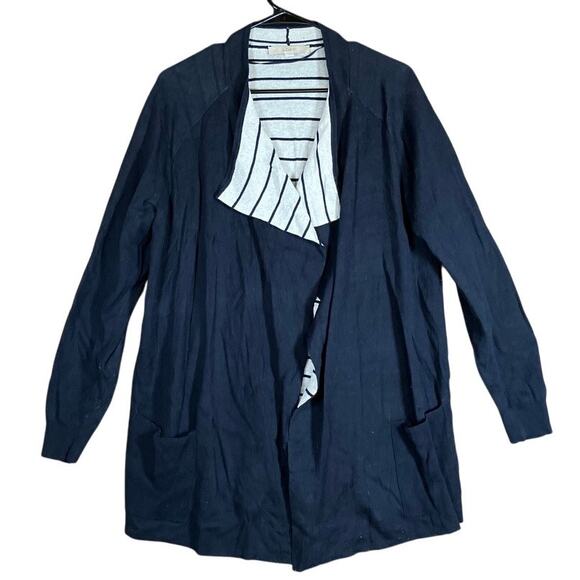 Ann Taylor LOFT Womens Sweater Navy Blue Striped Open Draped Cardigan Stretch L - Picture 1 of 12